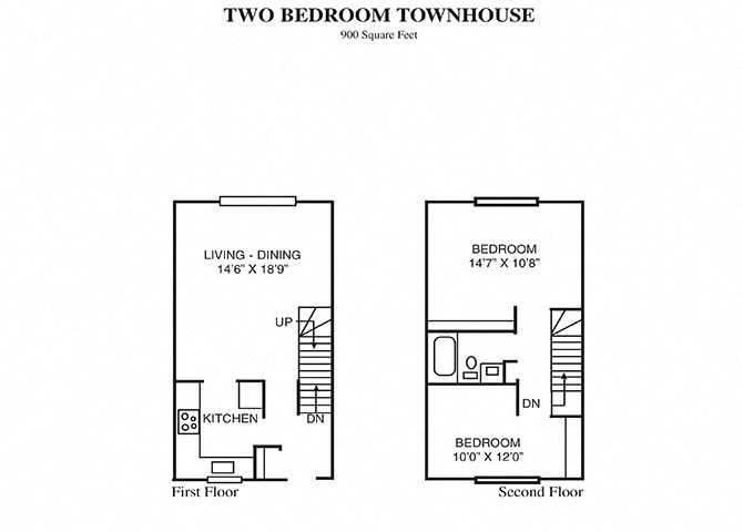 Floor plan for 2 beds, 1 bath, 900 sqft